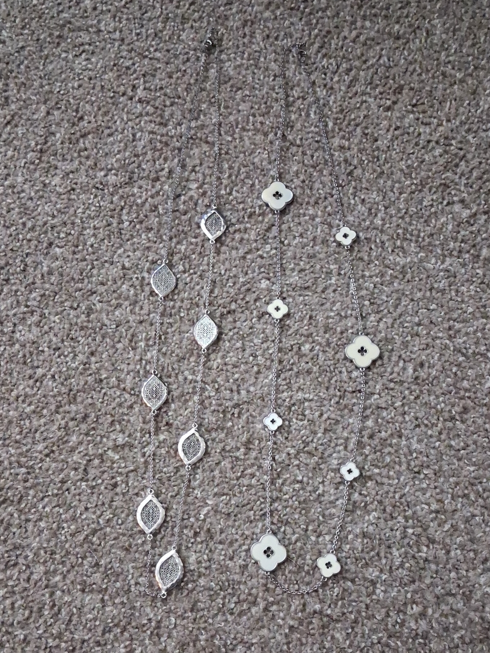 2 Silver-Tone Long Necklaces with White Flower Accents & With Filigree Accents